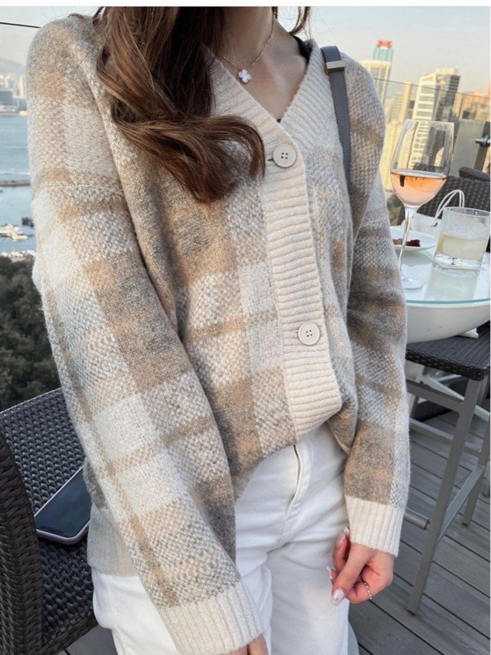 OAK + FORT Cream and Beige Plaid Button-Front Cardigan